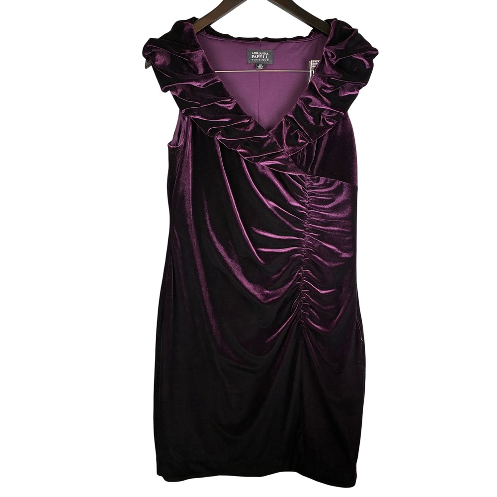 Adrianna Papell Velvet Dress 10P Purple Cocktail New Years Ruffle Ruched Glam‎